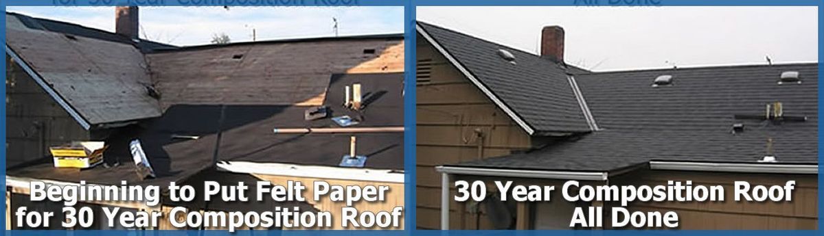 A before and after picture of a 30 year composition roof