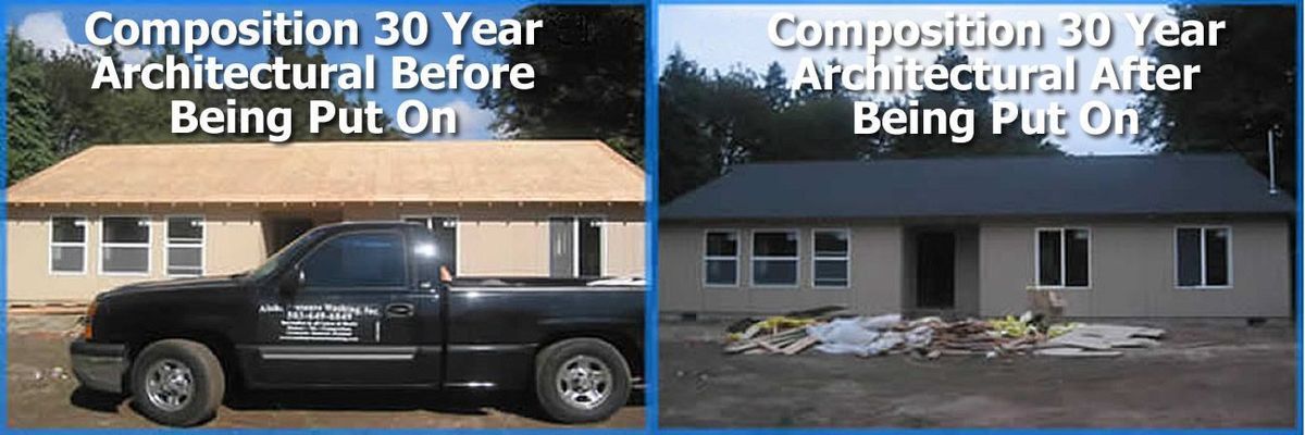 A picture of a truck and a picture of a house with the words composition 30 year architectural before being put on