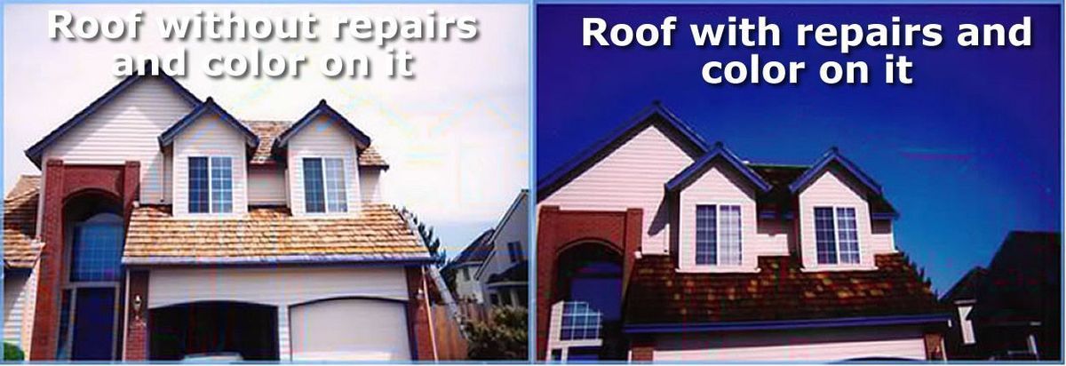 A picture of a roof with repairs and color on it