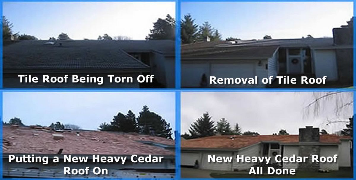 Four pictures of a roof with the words tile roof being torn off and removal of tile roof