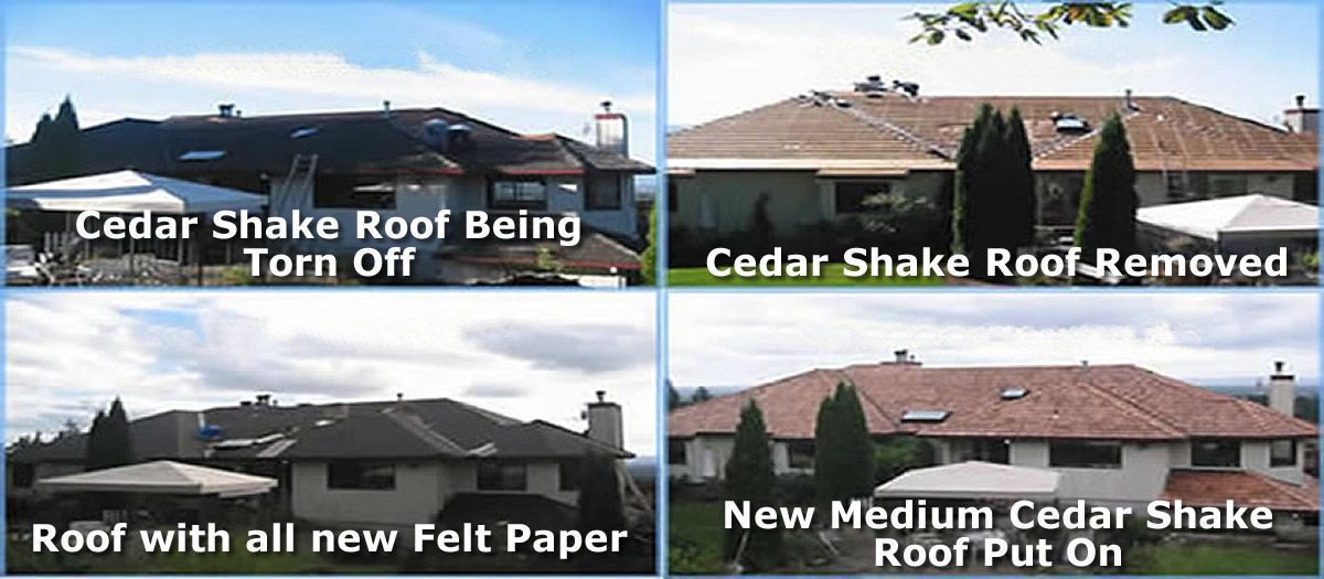 A cedar shake roof being torn off and a cedar shake roof removed