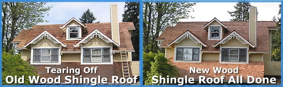 A picture of an old wood shingle roof and a picture of a new wood shingle roof