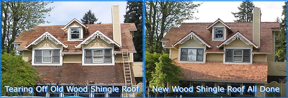 A before and after picture of a wood shingle roof