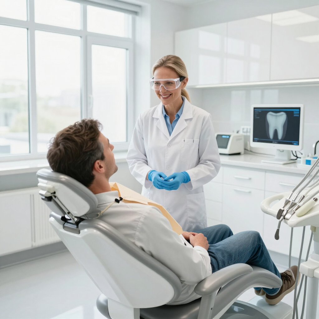 Dentist in white coat consulting a patient in a bright dental office, with X-ray on monitor.