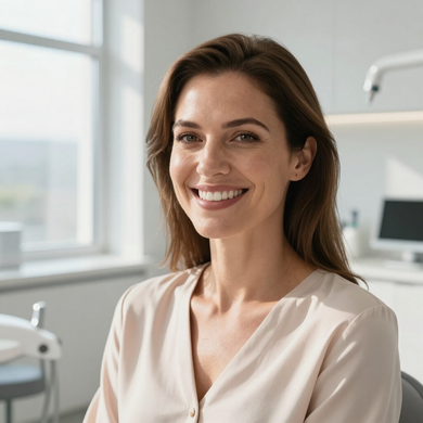 Smiling woman in a bright dental office, wearing a light blouse, seated near a window