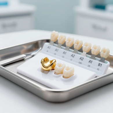 Dental shade guide and crowns on a tray in a clinic setting