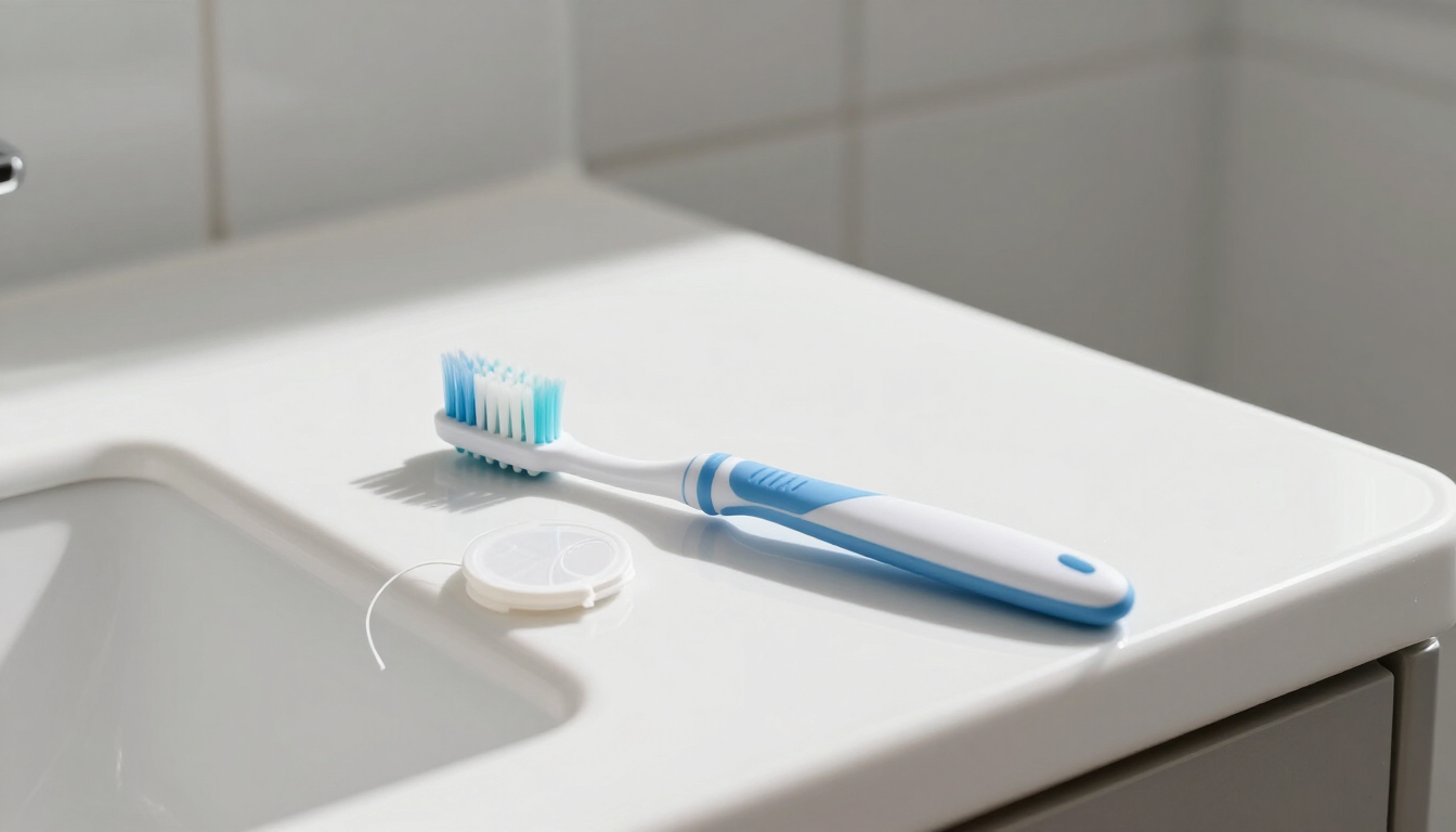 A toothbrush and toothpaste representing daily oral hygiene habits.