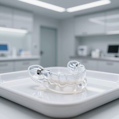 Sleep apnea oral appliance device on a dental tray in a modern dental office