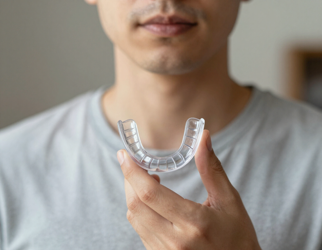 Person holding a clear dental nightguard