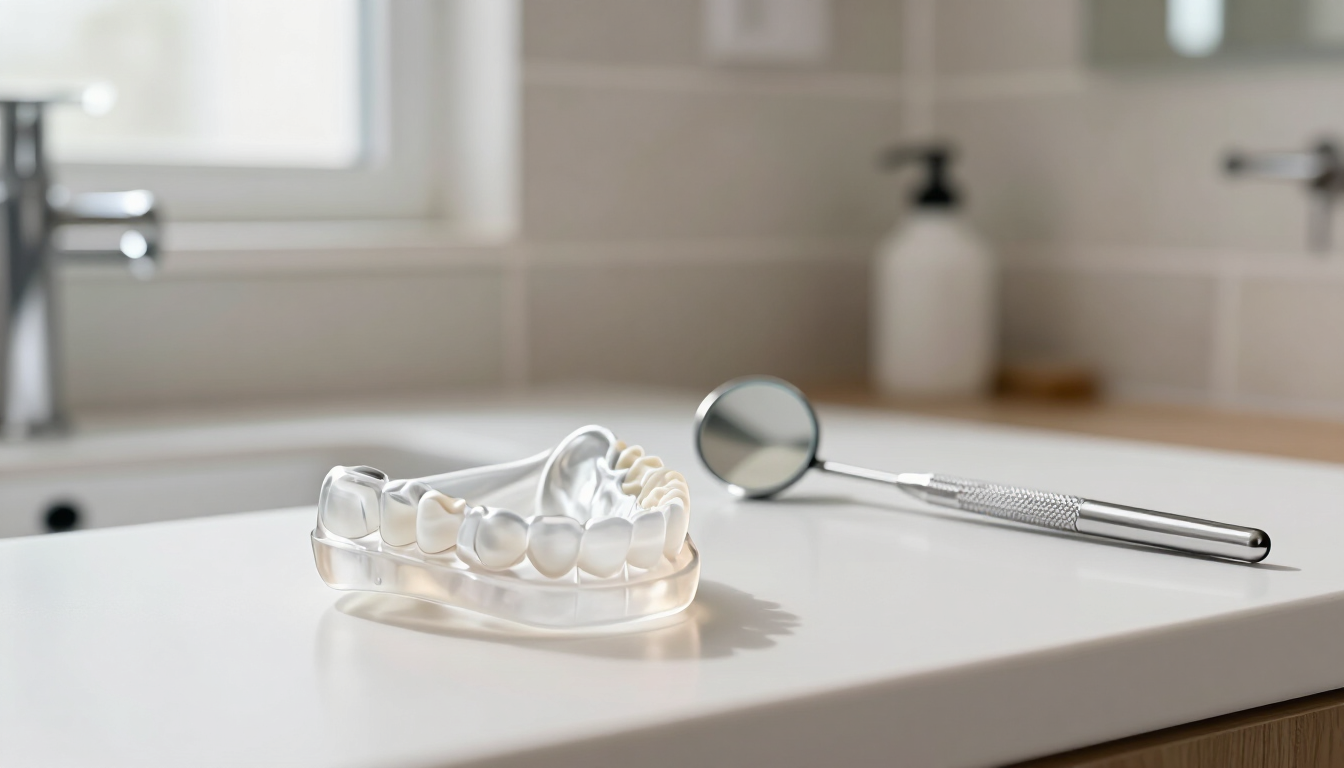 Photorealistic custom nightguard and dental mirror on a clean bathroom counter
