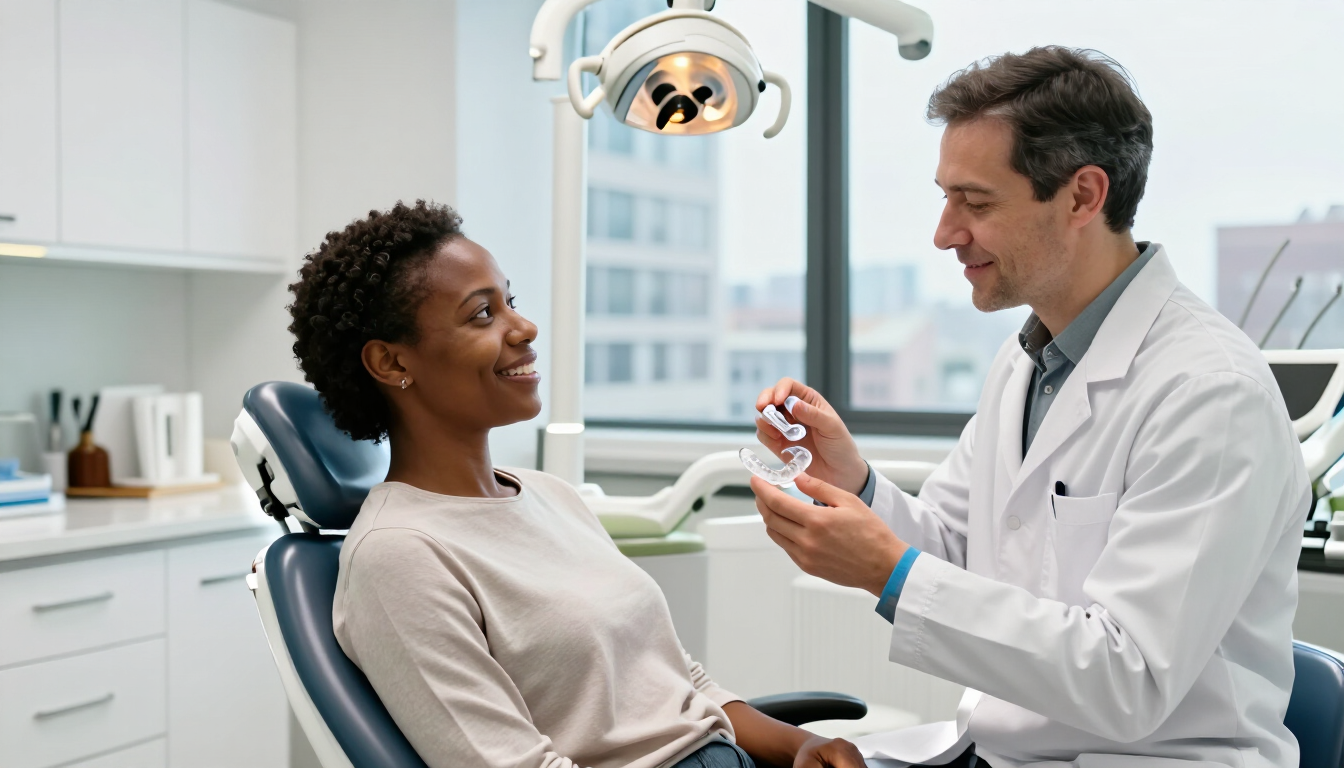 Photorealistic New York City dental professional demonstrating a fitted nightguard to an adult patient
