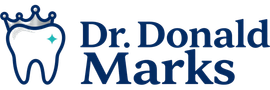 Dr. Donald Marks dental logo with a tooth and crown icon in blue and teal