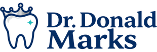 Dr. Donald Marks dental logo with a tooth and crown icon in blue and teal