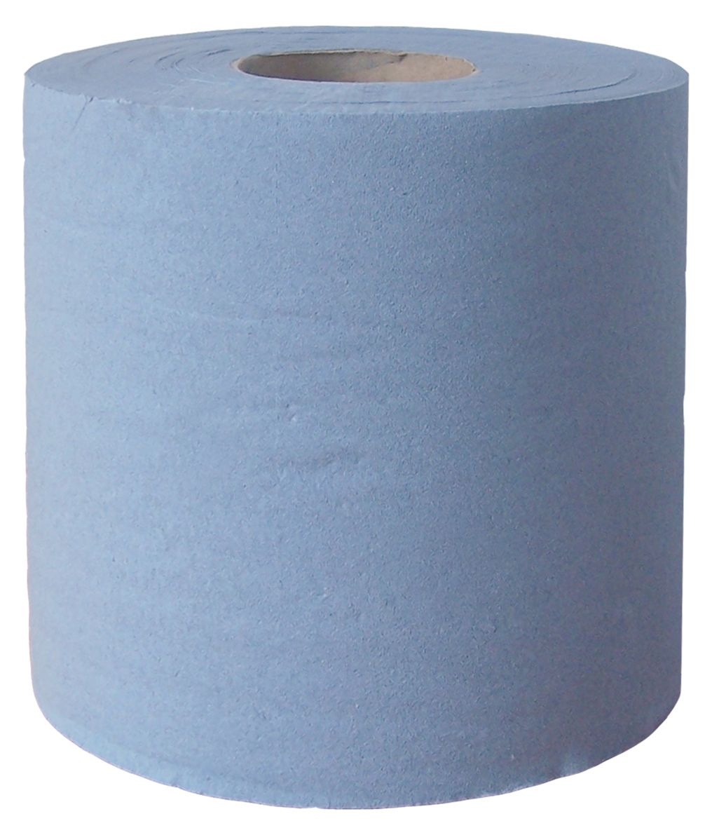 Blue paper towel roll with a cardboard center