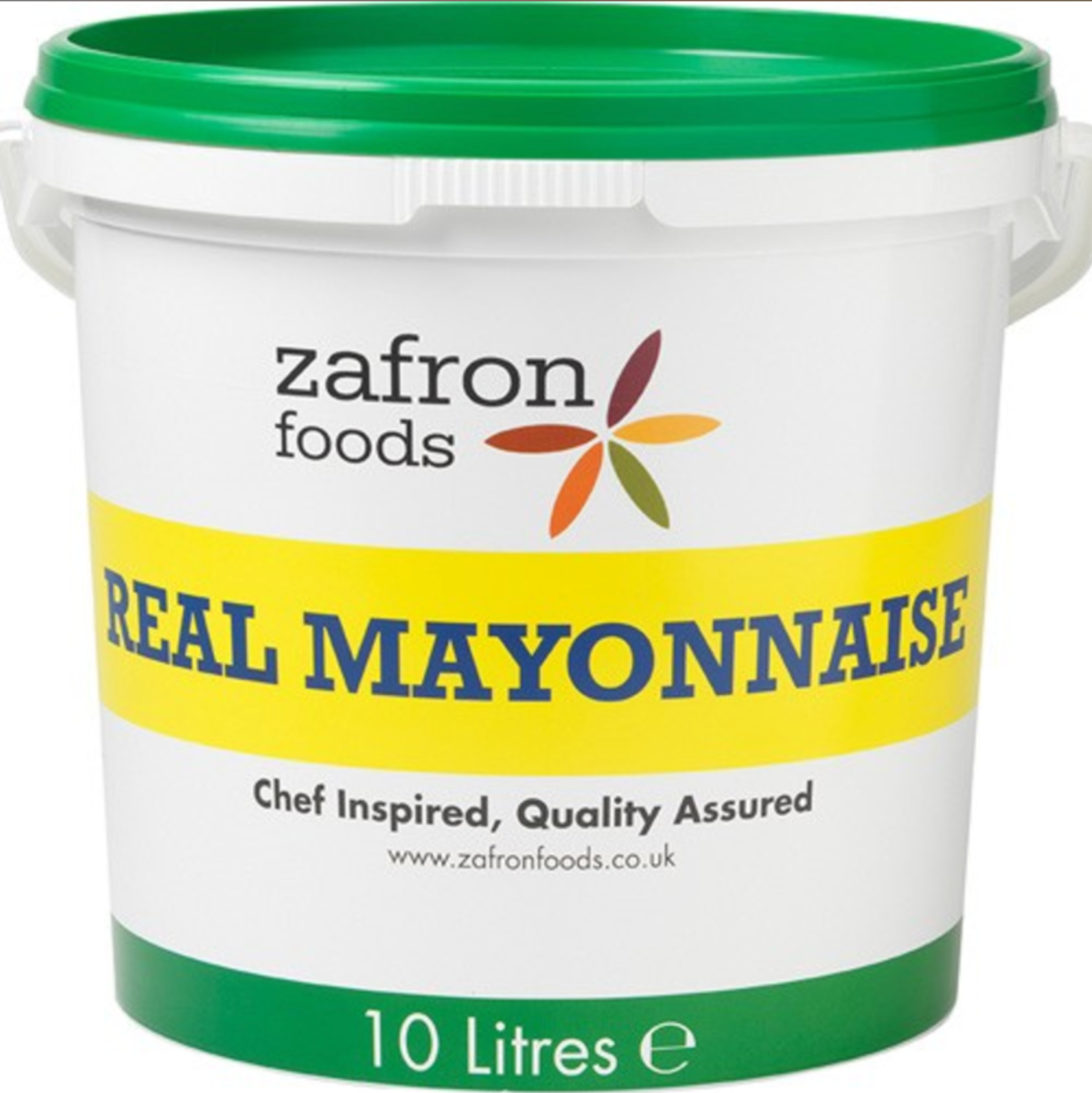 White tub of Zafron Foods real mayonnaise with green lid and yellow label, 10 litres