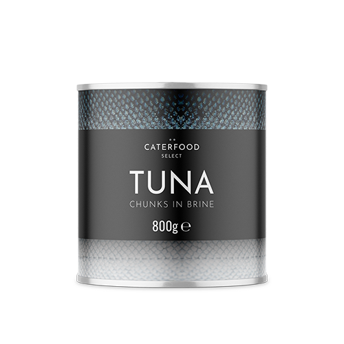 Caterfood tuna chunks in brine can, black and silver label, 800g