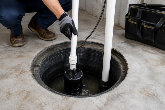 Technician using a pump in a floor drain opening with standing water nearby