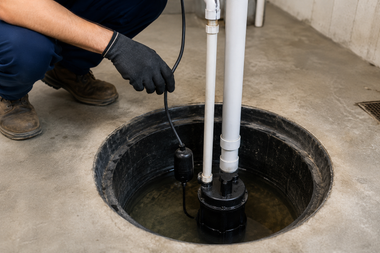 Gloved worker inspecting pipes in an open floor drain pit with concrete surroundings