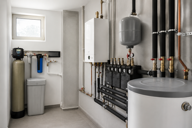 Modern utility room with water heaters, pipes, and boiler equipment against white walls