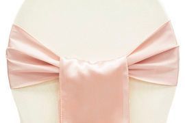 Light pink satin bow with a long ribbon tail against a white background