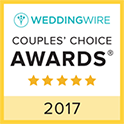 WeddingWire Couples’ Choice Awards badge, 2017, with five gold stars on a yellow background