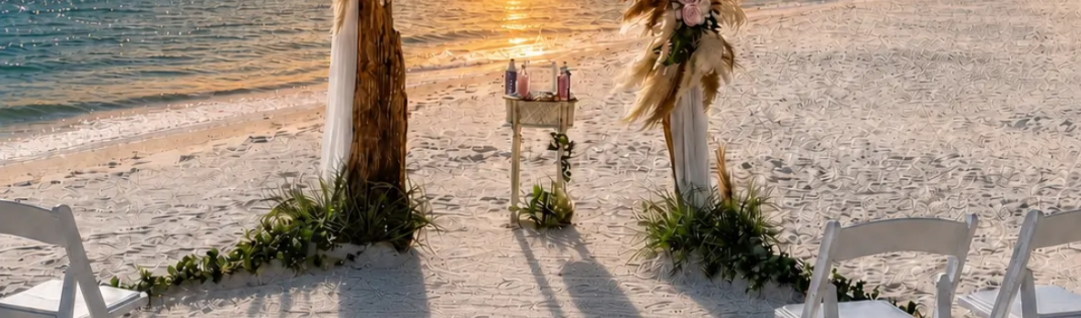 Couple embracing beneath white drapes on a beach wedding arch by the ocean