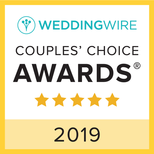 WeddingWire Couples’ Choice Awards badge, 2019, with five gold stars on a white and gold background