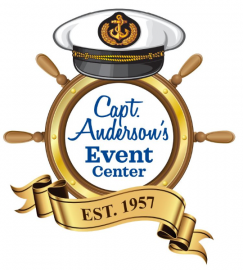 Captain Andrew's Event Center logo with a navy captain's hat, ship wheel, and gold ribbon reading EST. 1957