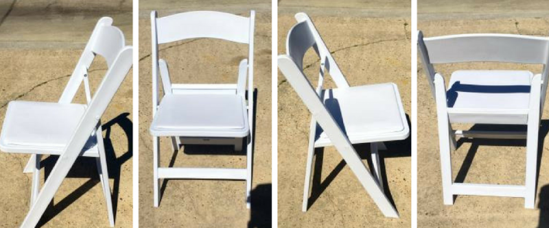 White folding chair shown from multiple angles on a sandy beach in bright sunlight