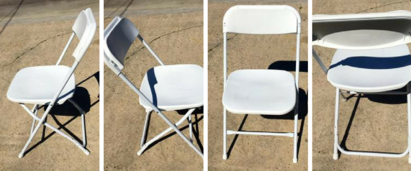 White folding chair shown in several positions, including open, tilted, and folded against a tan floor.