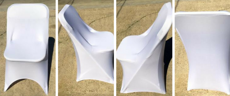 White chair with a flowing draped cover shown from front and side against a beige background