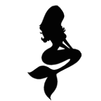 Black silhouette of a mermaid with flowing hair and a fishtail, side profile on white background