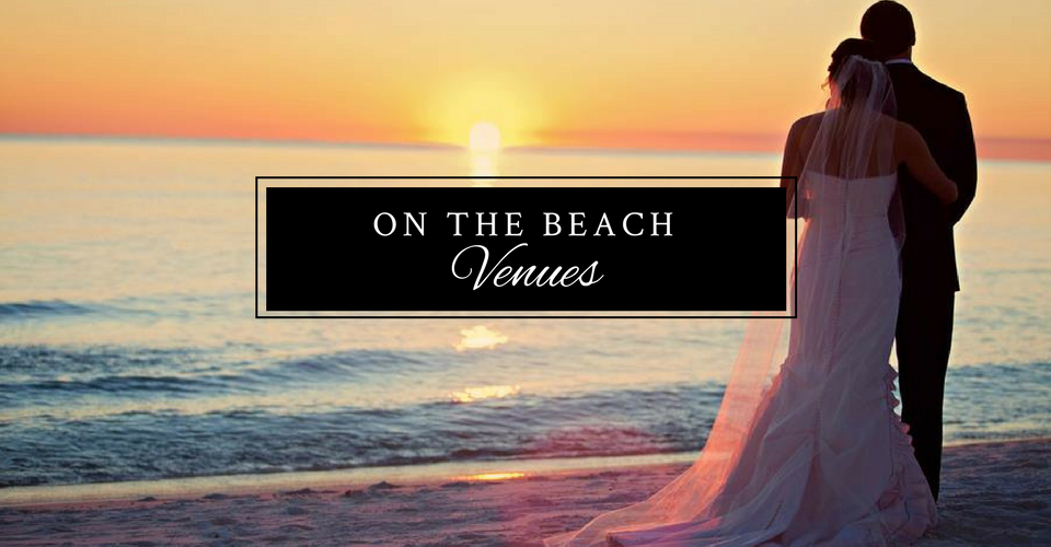 Beach sunset with a silhouetted couple embracing and a banner reading “On the Beach Venues”