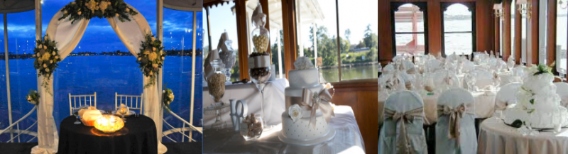 Elegant banquet hall with candlelit table settings, white floral centerpieces, and arched windows at dusk