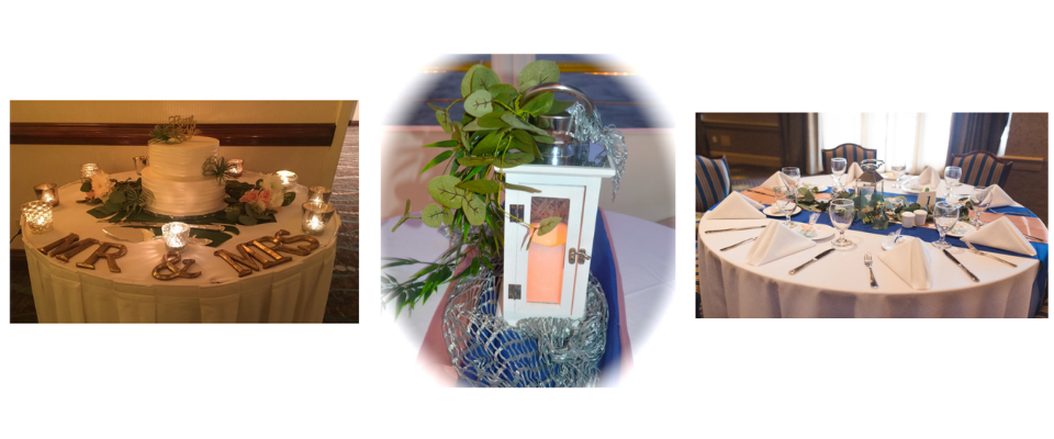 Three elegant table settings with candles, flowers, and place cards at a banquet event