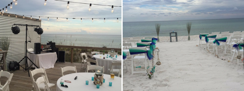 Beachside event setup with string lights, tables, and turquoise chairs overlooking the ocean