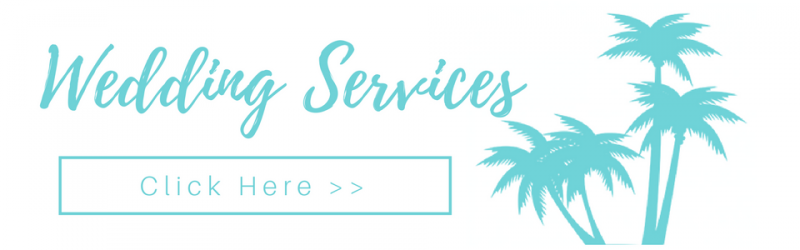 Wedding Services banner with turquoise palm trees and a “Click Here >>” button