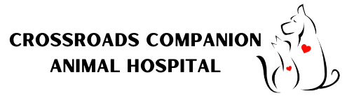 Crossroads Companion Animal Hospital logo with black text and a white dog outline with red heart