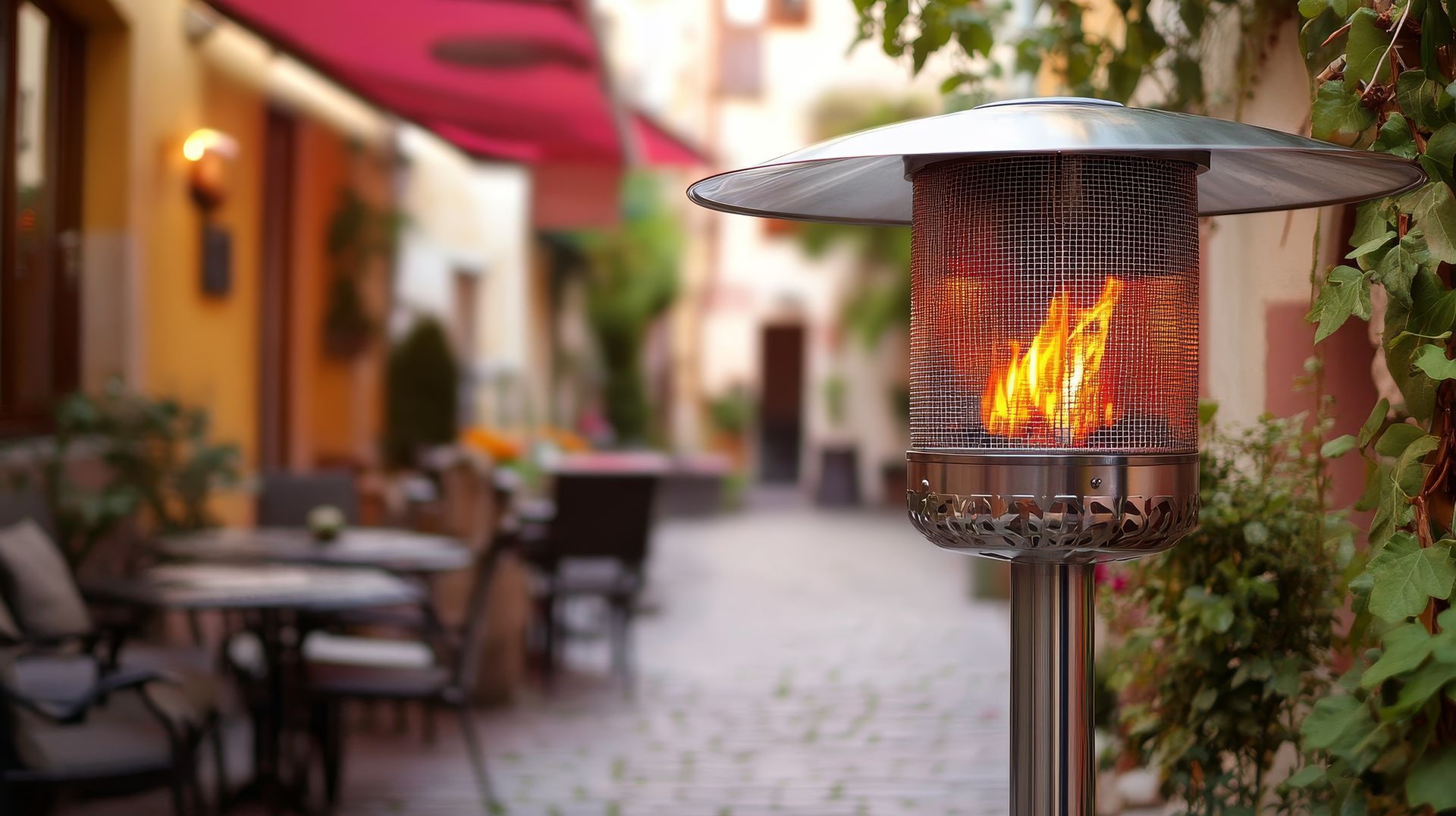 A patio heater is sitting on the sidewalk in front of a restaurant.