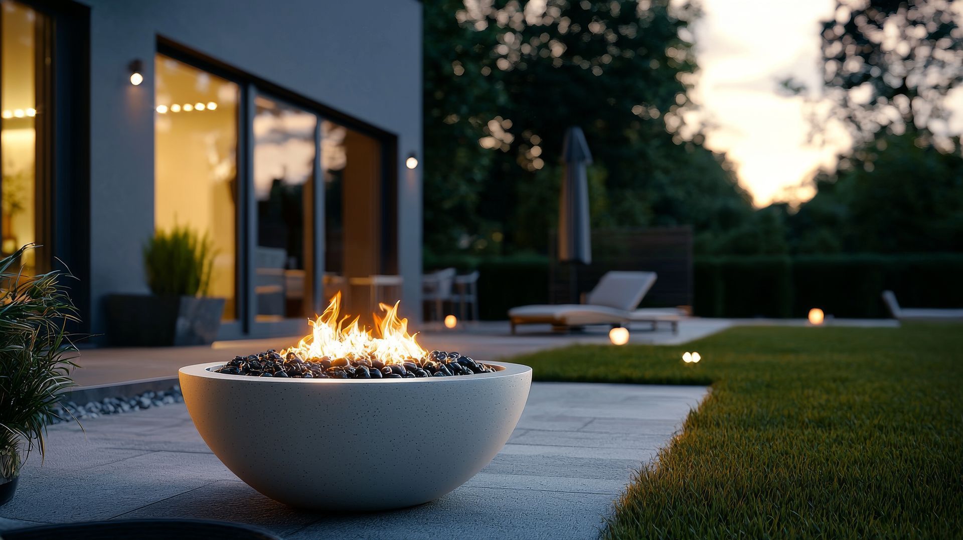 There is a fire pit in the backyard of a house.