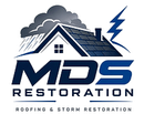 MDS Restoration logo with house, roof shingles, storm cloud, lightning, and blue text
