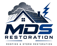 MDS Restoration logo with house, roof shingles, storm cloud, lightning, and blue text