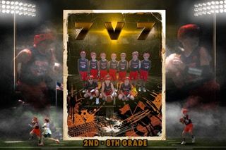 Youth soccer team poster with players under stadium lights, framed in gold and orange, labeled “2ND-8TH GRADE”