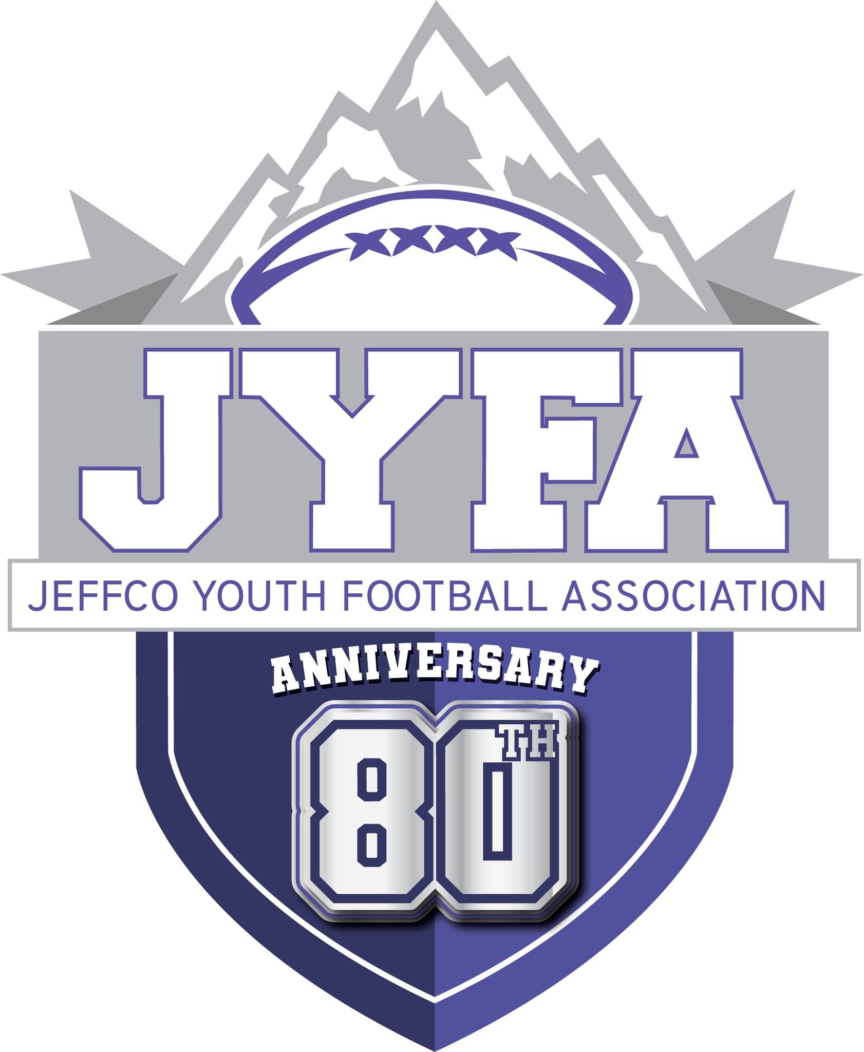 Jeffco Youth Football Association 80th anniversary logo in purple, gray, and white with shield emblem