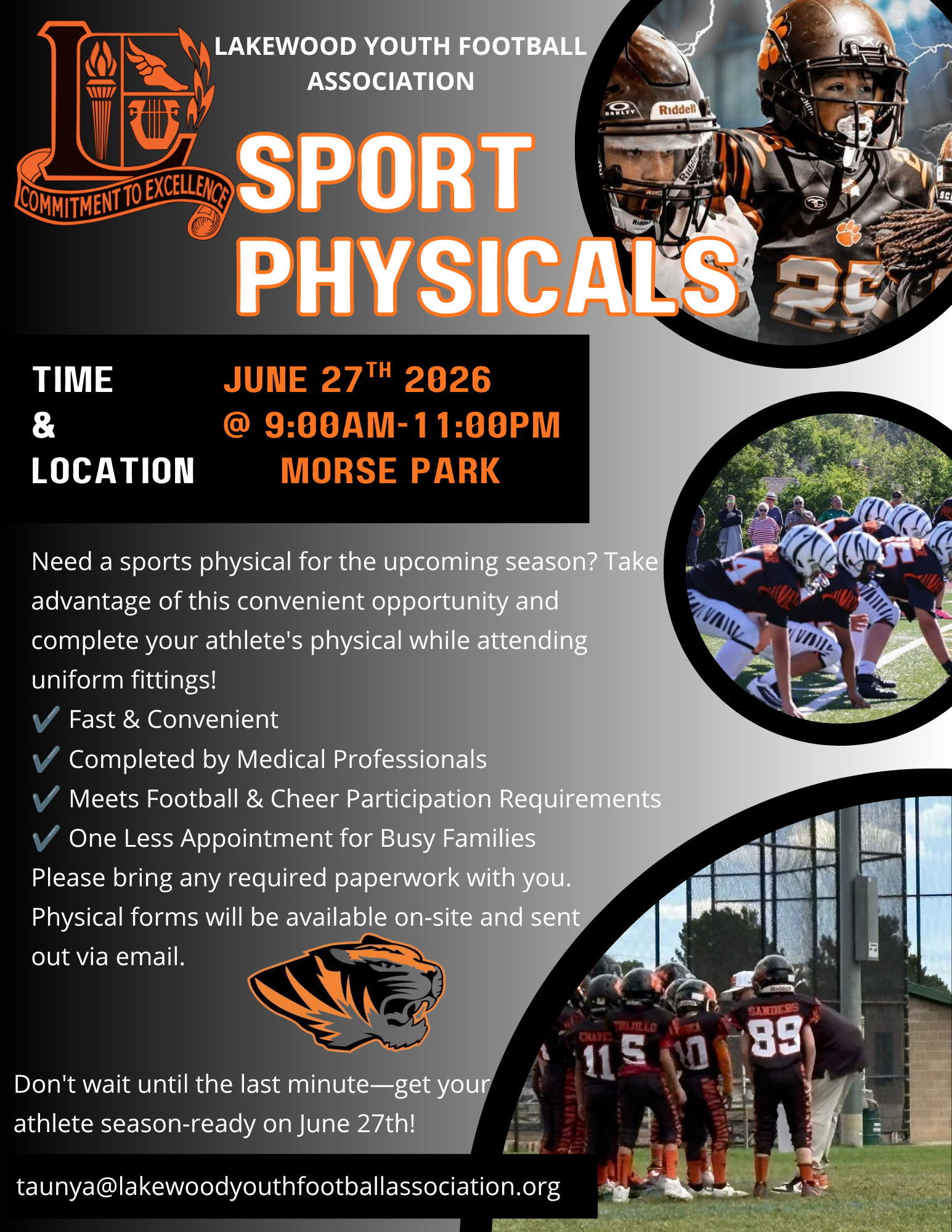 Youth football sport physicals flyer, orange-and-black with players and clinic details, June 27, 2026