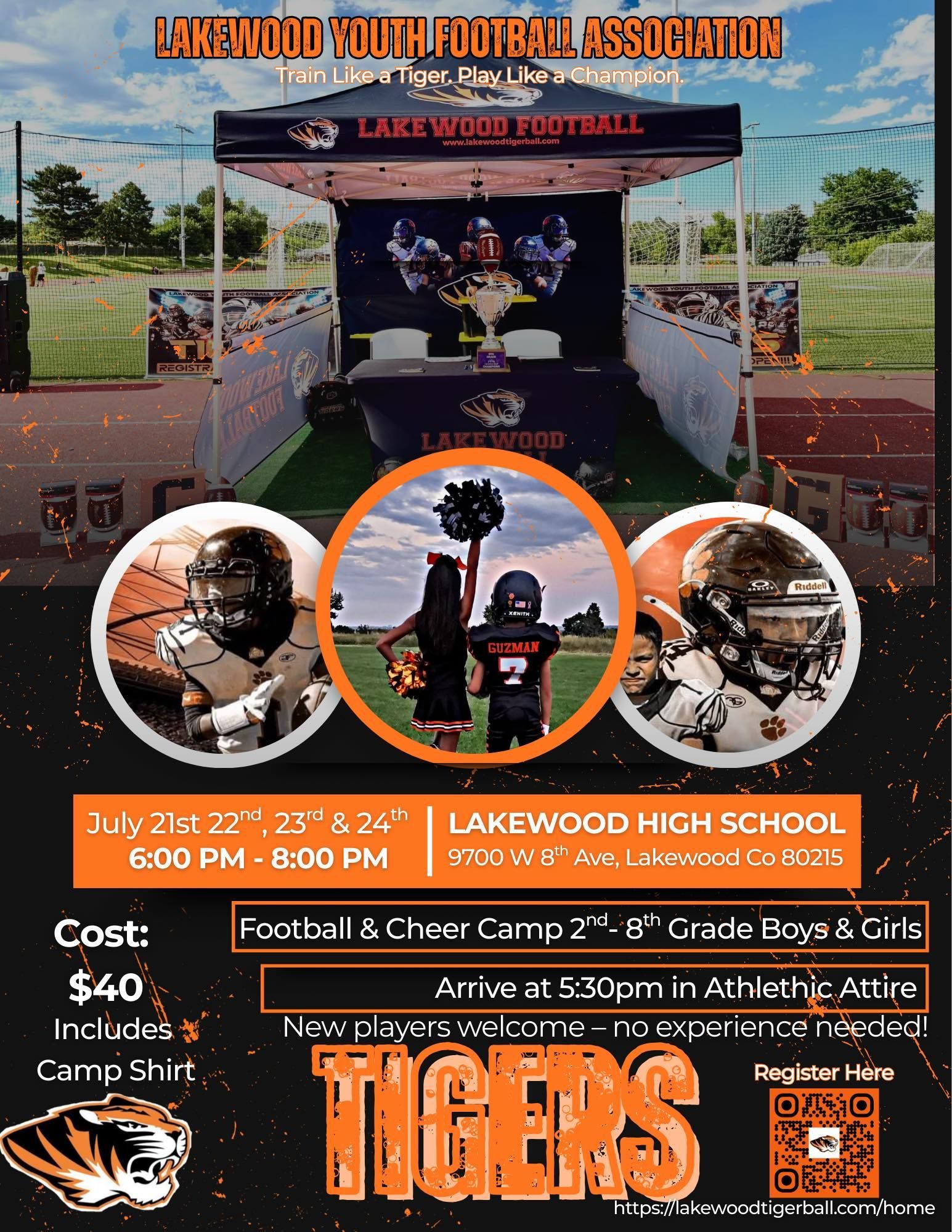 Lakewood Youth Football Association Tigers game-day flyer with players, tiger logo, and practice details.