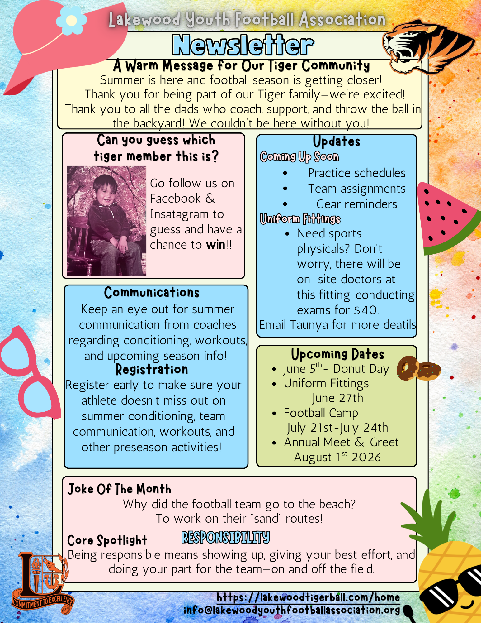 Colorful newsletter with tips, updates, and cartoon summer decorations on a beach-themed background
