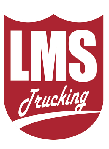 Red shield logo with white “LMS” and cursive “Trucking” text.
