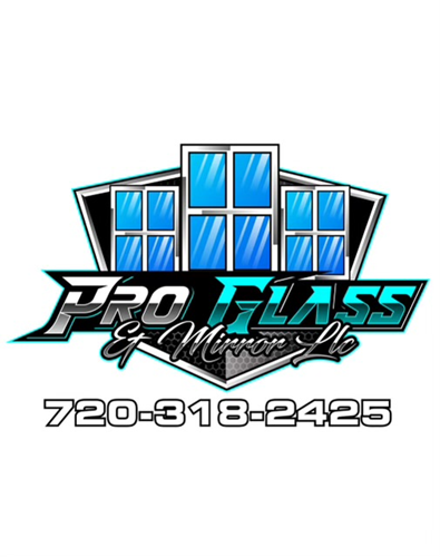 Pro Glass & Mirrors LLC logo with blue window graphics and phone number 720-318-2425