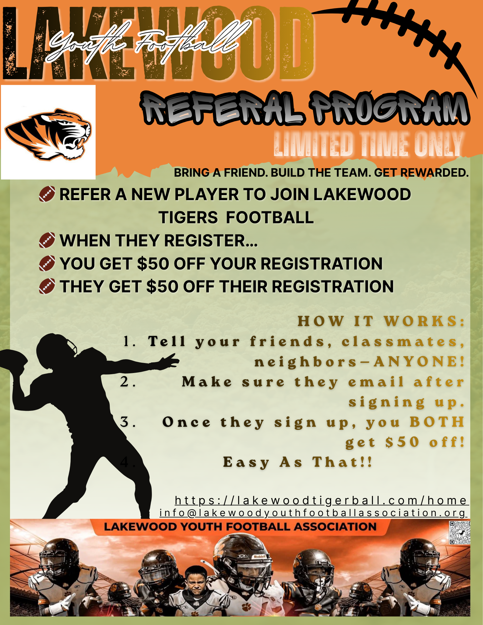 Lakewood referral program flyer with orange/black football theme and signup instructions.
